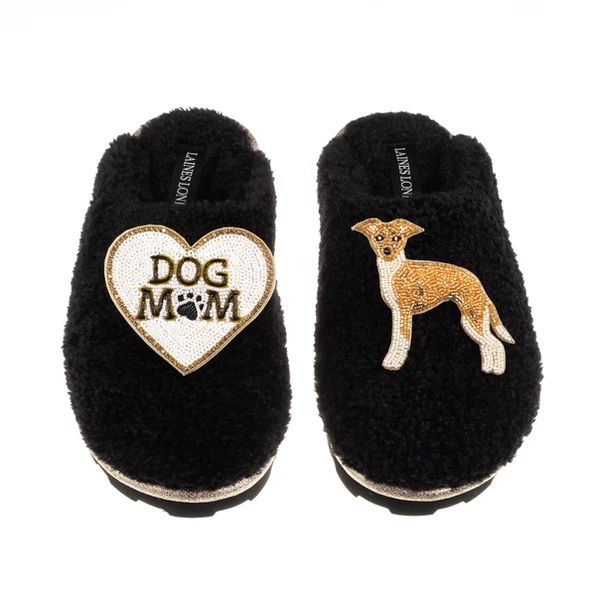 Laines London Teddy Closed Toe Slippers With Dog Mum/Mom & Fawn & White Greyhound Brooches
