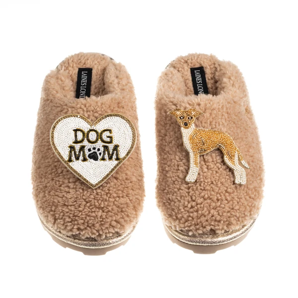 Laines London Teddy Closed Toe Slippers With Dog Mum/Mom & Fawn & White Greyhound Brooches