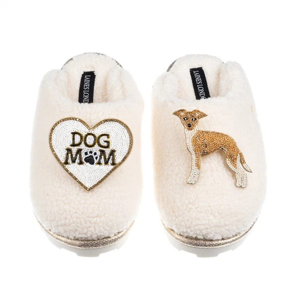 laines london Teddy Closed Toe Slippers With Dog Mum/Mom & Fawn & White Greyhound Brooches