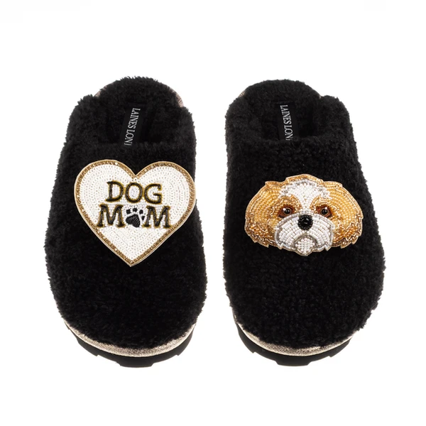 Laines London Teddy Closed Toe Slippers With Dog Mum / Mom & Gold & White Shih Tzu Brooches