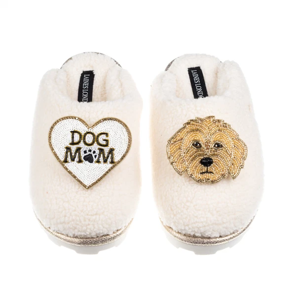 Laines London Teddy Closed Toe Slippers With Dog Mum / Mom & Golden Cockapoo Brooches