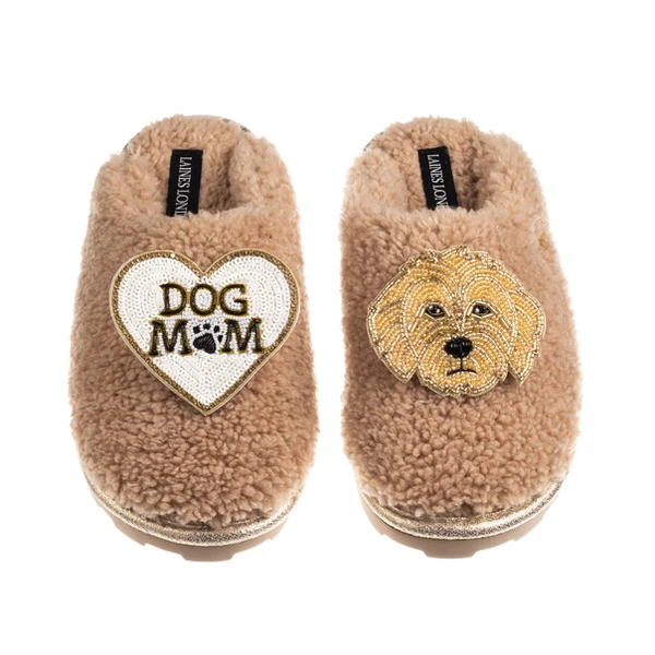 Laines London Teddy Closed Toe Slippers With Dog Mum / Mom & Golden Cockapoo Brooches