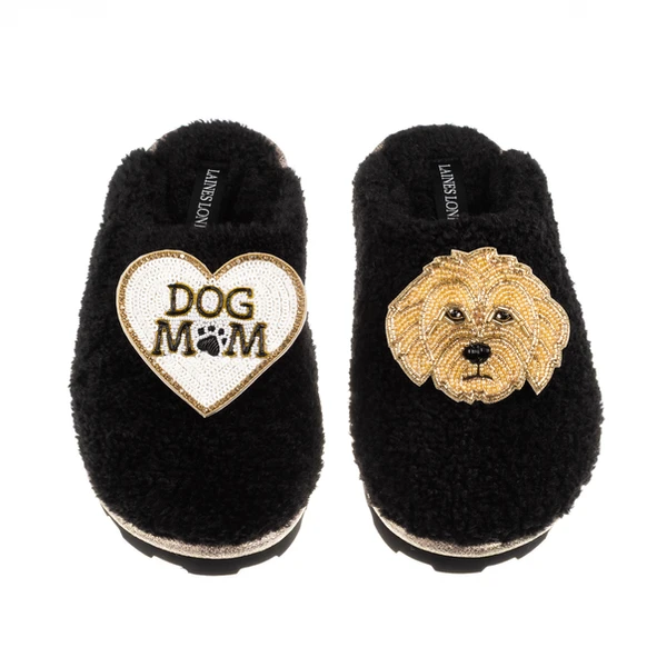 laines london Teddy Closed Toe Slippers With Dog Mum / Mom & Golden Cockapoo Brooches