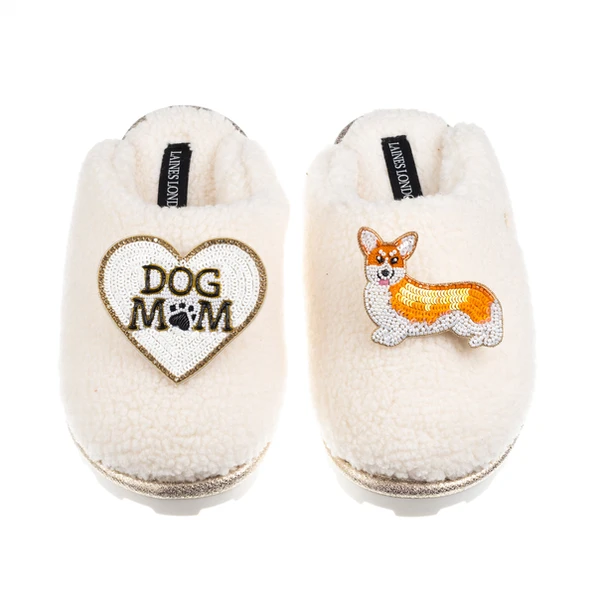 Laines London Teddy Closed Toe Slippers With Dog Mum/Mom & Peach The Corgi Brooches