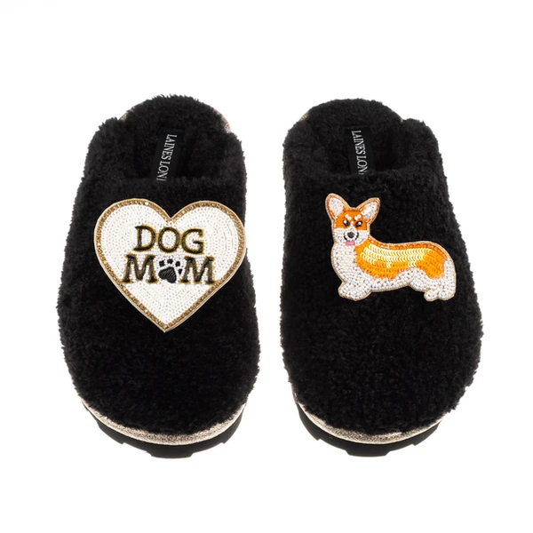 Laines London Teddy Closed Toe Slippers With Dog Mum/Mom & Peach The Corgi Brooches
