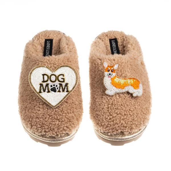 laines london Teddy Closed Toe Slippers With Dog Mum/Mom & Peach The Corgi Brooches