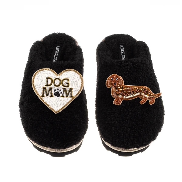 Laines London Teddy Closed Toe Slippers With Dog Mum/Mom & Red Dachshund Brooches