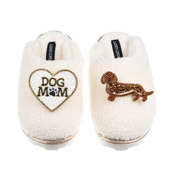 Laines London Teddy Closed Toe Slippers With Dog Mum/Mom & Red Dachshund Brooches