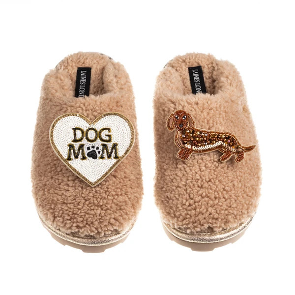 Laines London Teddy Closed Toe Slippers With Dog Mum/Mom & Red Dachshund Brooches
