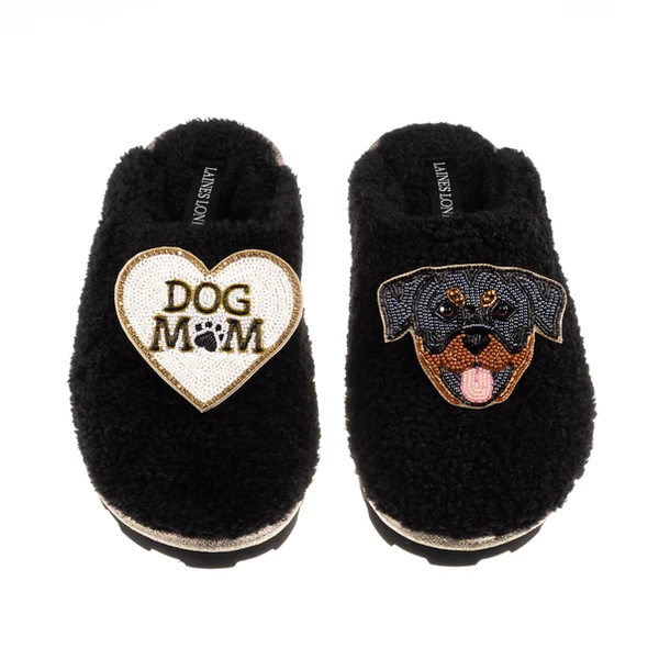 Laines London Teddy Closed Toe Slippers With Dog Mum / Mom & Rottweiler Brooches