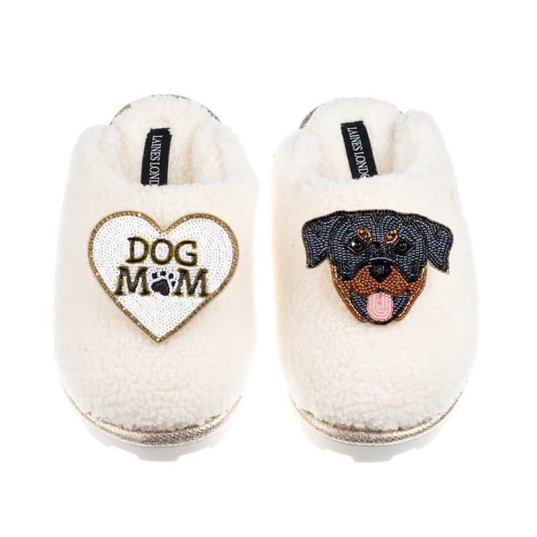 Laines London Teddy Closed Toe Slippers With Dog Mum / Mom & Rottweiler Brooches