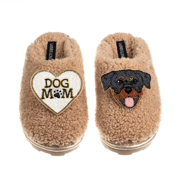laines london Teddy Closed Toe Slippers With Dog Mum / Mom & Rottweiler Brooches