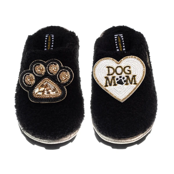 Laines London Teddy Closed Toe Slippers With Dog Mum & Paw Brooches