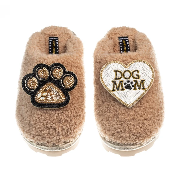 Laines London Teddy Closed Toe Slippers With Dog Mum & Paw Brooches