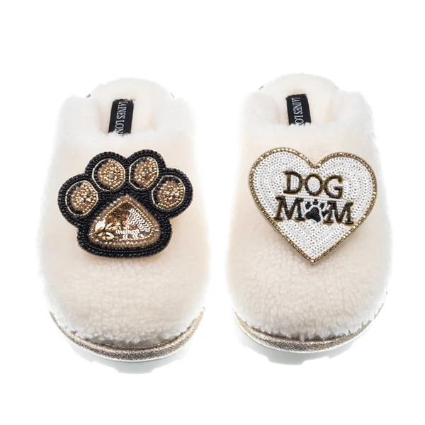 Laines London Teddy Closed Toe Slippers With Dog Mum & Paw Brooches