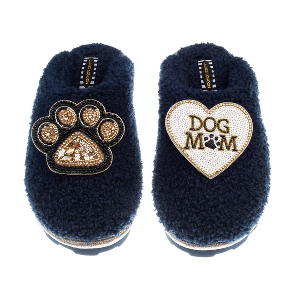 laines london Teddy Closed Toe Slippers With Dog Mum & Paw Brooches
