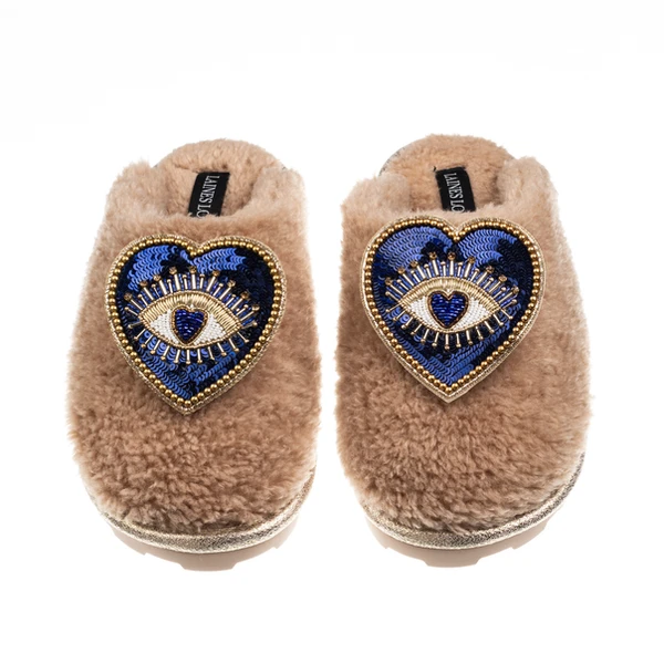 Laines London Teddy Closed Toe Slippers With Double Blue Heart Eye Brooches