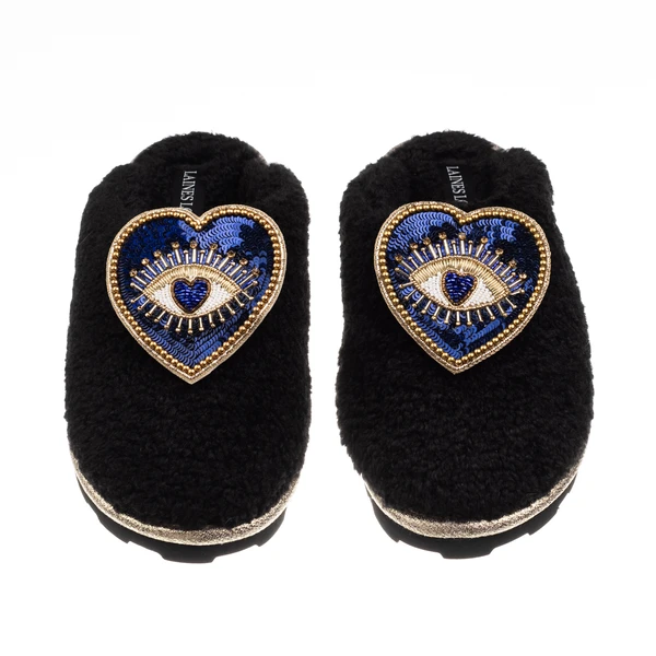 Laines London Teddy Closed Toe Slippers With Double Blue Heart Eye Brooches