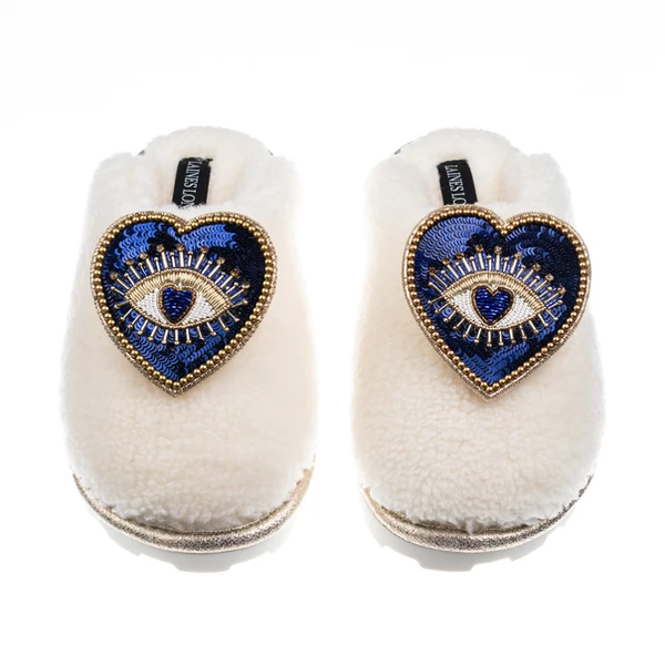 Laines London Teddy Closed Toe Slippers With Double Blue Heart Eye Brooches