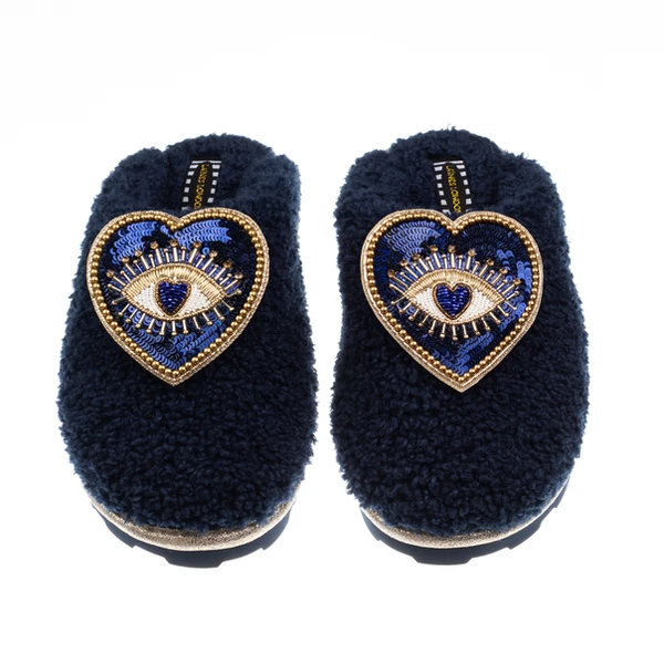 laines london Teddy Closed Toe Slippers With Double Blue Heart Eye Brooches