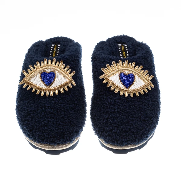 Laines London Teddy Closed Toe Slippers With Double Blue Love Eye Brooches