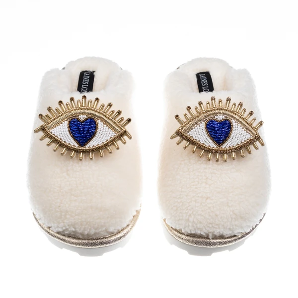 Laines London Teddy Closed Toe Slippers With Double Blue Love Eye Brooches