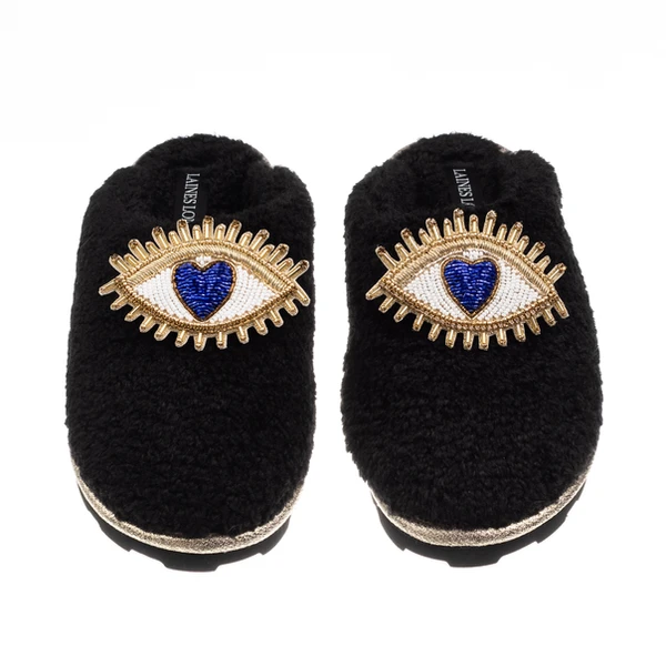 Laines London Teddy Closed Toe Slippers With Double Blue Love Eye Brooches