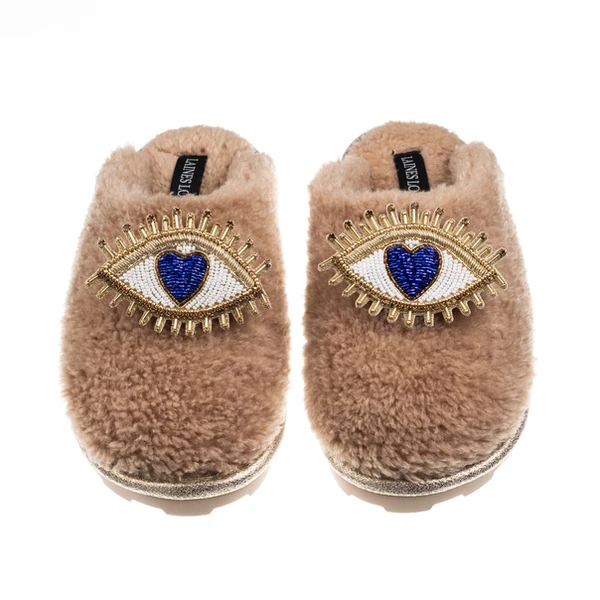 laines london Teddy Closed Toe Slippers With Double Blue Love Eye Brooches
