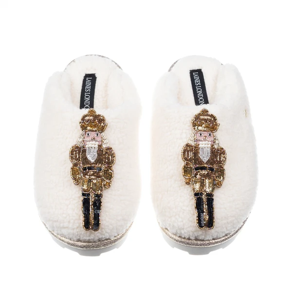 Laines London Teddy Closed Toe Slippers With Double Gold Grand Nutcrackers Brooches