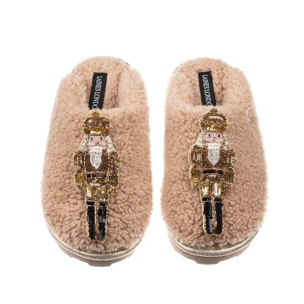 Laines London Teddy Closed Toe Slippers With Double Gold Grand Nutcrackers Brooches