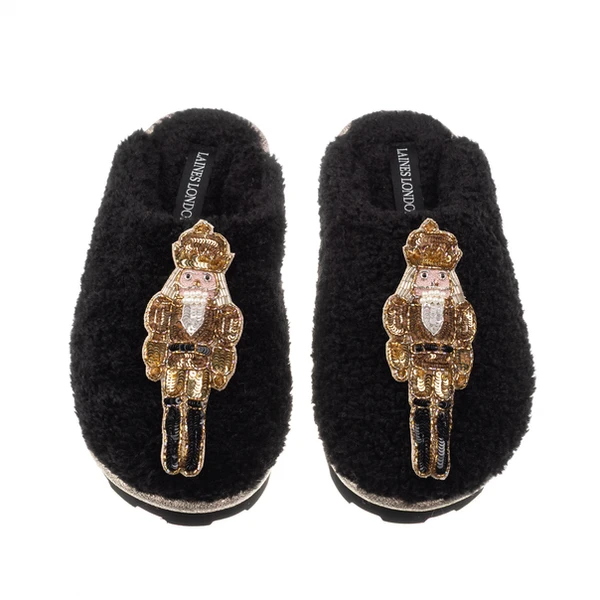 Laines London Teddy Closed Toe Slippers With Double Gold Grand Nutcrackers Brooches