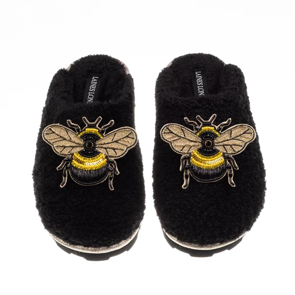 Laines London Teddy Closed Toe Slippers With Double Honeybee Brooches