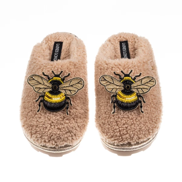 Laines London Teddy Closed Toe Slippers With Double Honeybee Brooches