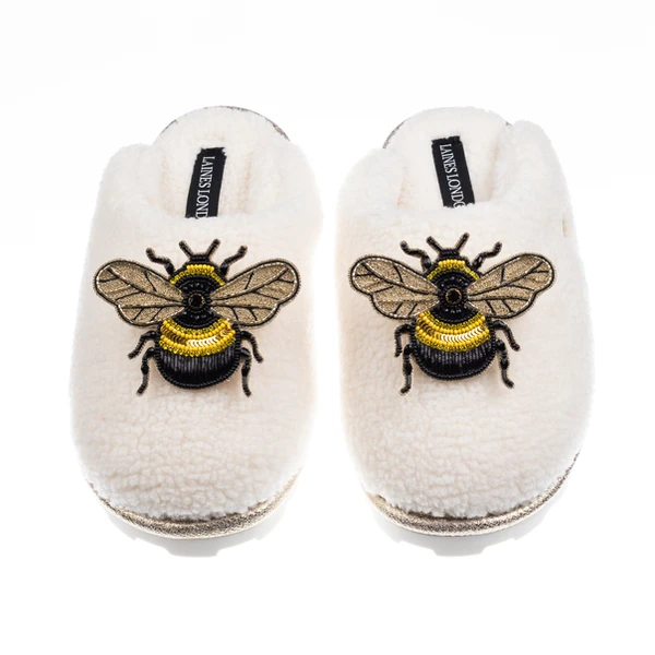 laines london Teddy Closed Toe Slippers With Double Honeybee Brooches