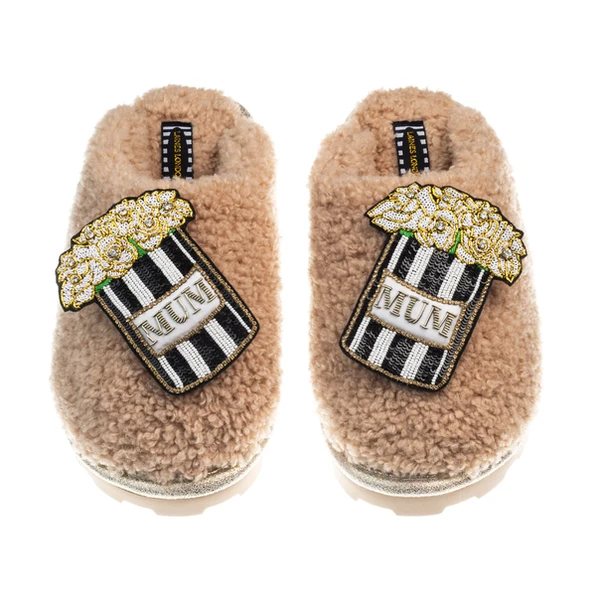 Laines London Teddy Closed Toe Slippers With Double Mum Bouquet Brooches