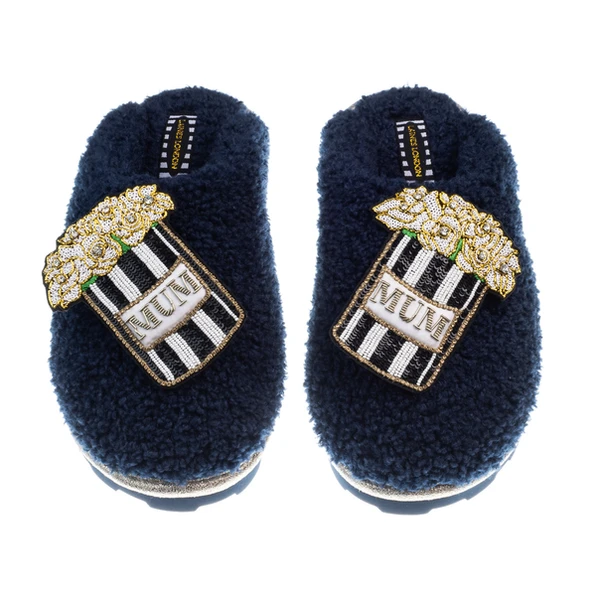 Laines London Teddy Closed Toe Slippers With Double Mum Bouquet Brooches