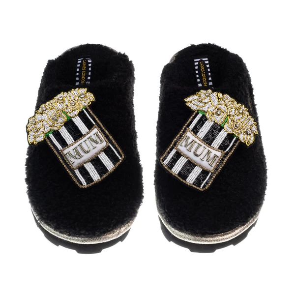 Laines London Teddy Closed Toe Slippers With Double Mum Bouquet Brooches
