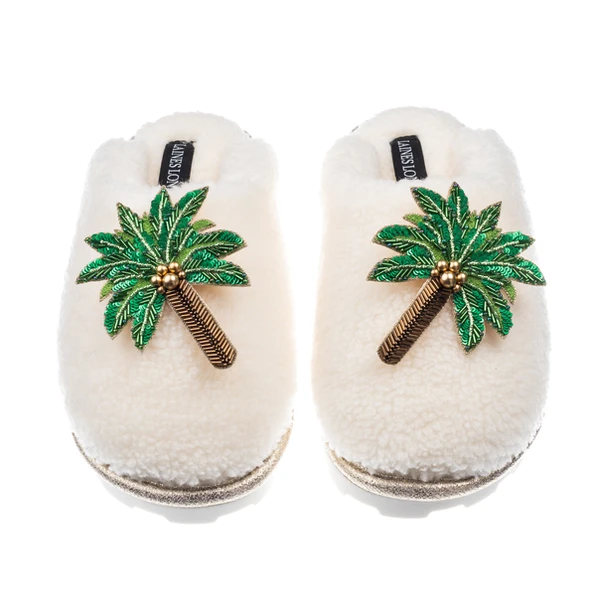 Laines London Teddy Closed Toe Slippers With Double Palm Tree Brooches
