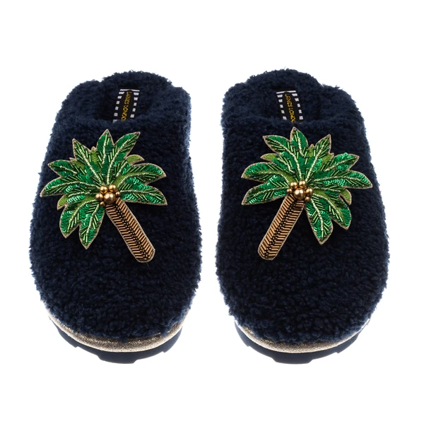 Laines London Teddy Closed Toe Slippers With Double Palm Tree Brooches