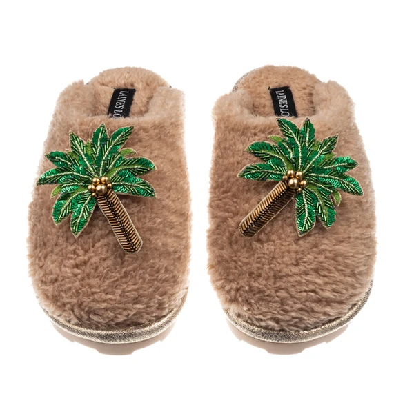 Laines London Teddy Closed Toe Slippers With Double Palm Tree Brooches