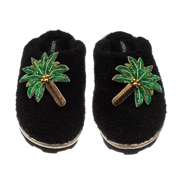 laines london Teddy Closed Toe Slippers With Double Palm Tree Brooches