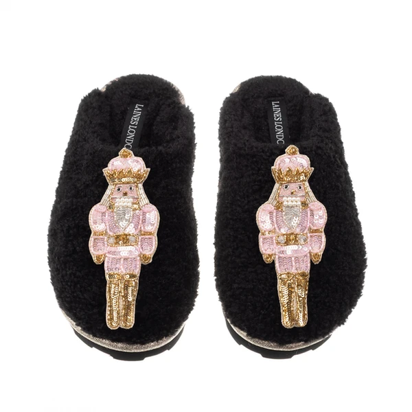 Laines London Teddy Closed Toe Slippers With Double Pink Grand Nutcrackers Brooches