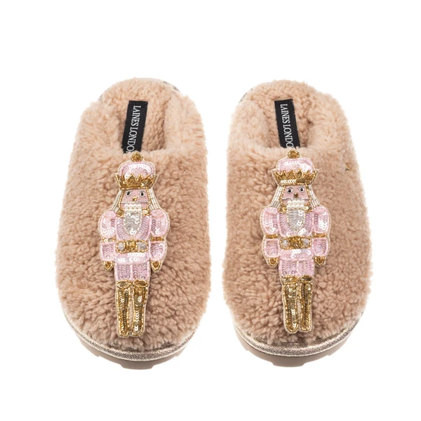 Laines London Teddy Closed Toe Slippers With Double Pink Grand Nutcrackers Brooches