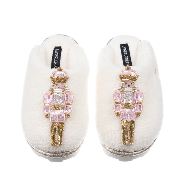 laines london Teddy Closed Toe Slippers With Double Pink Grand Nutcrackers Brooches