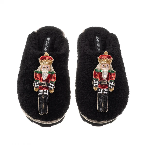 Laines London Teddy Closed Toe Slippers With Double Red Grand Nutcrackers Brooches