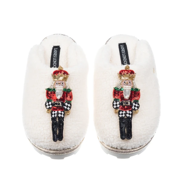 Laines London Teddy Closed Toe Slippers With Double Red Grand Nutcrackers Brooches