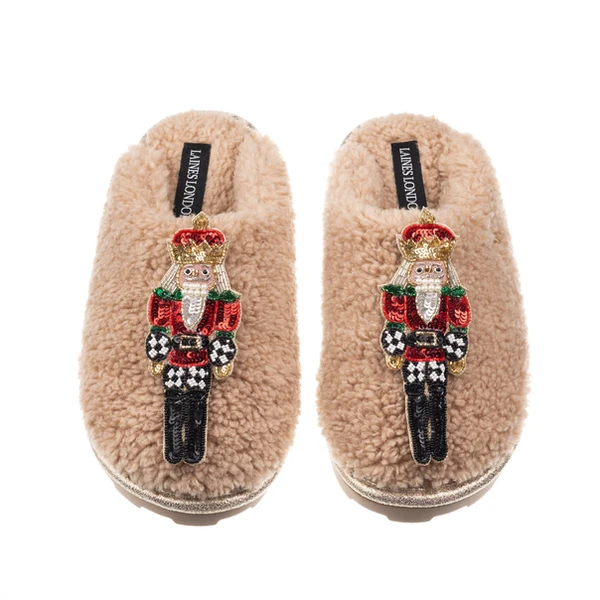 laines london Teddy Closed Toe Slippers With Double Red Grand Nutcrackers Brooches