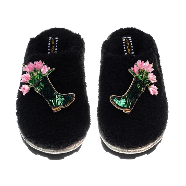 Laines London Teddy Closed Toe Slippers With Double Wellington Boots Brooches