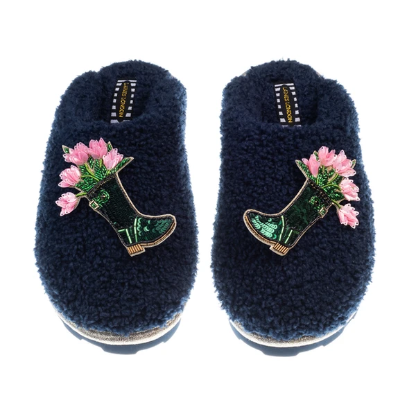 Laines London Teddy Closed Toe Slippers With Double Wellington Boots Brooches
