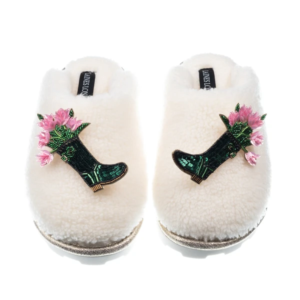Laines London Teddy Closed Toe Slippers With Double Wellington Boots Brooches